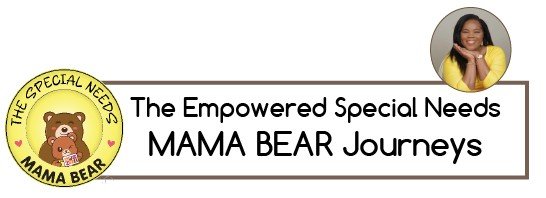 Banner reading "The Empowered Special Needs MAMA BEAR Journeys" with a circular logo of two cartoon bears on the left and a portrait of a smiling woman in yellow on the top right.