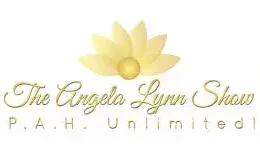 Logo featuring a stylized yellow lotus flower above gold text that reads "The Angela Lynn Show" and "P.A.H. Unlimited" below it on a white background.