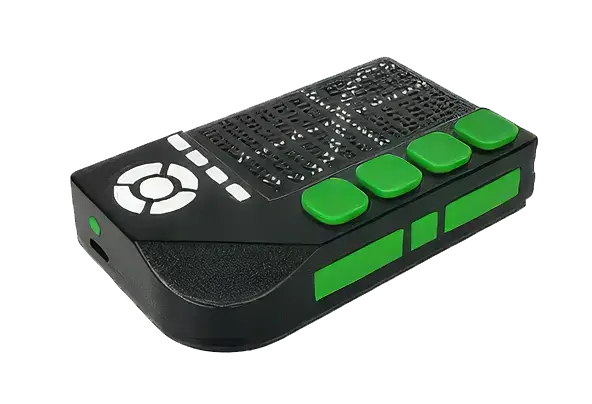 A single compact, black-and-green Cadence Pocket refreshable Braille tablet shown from a high-angle perspective.