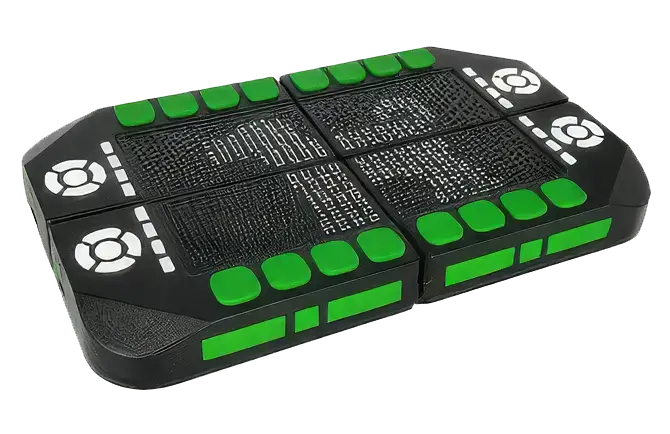 Four Cadence tactile Braille tablets joined together in a two-by-two grid to form a rectangular workstation display.