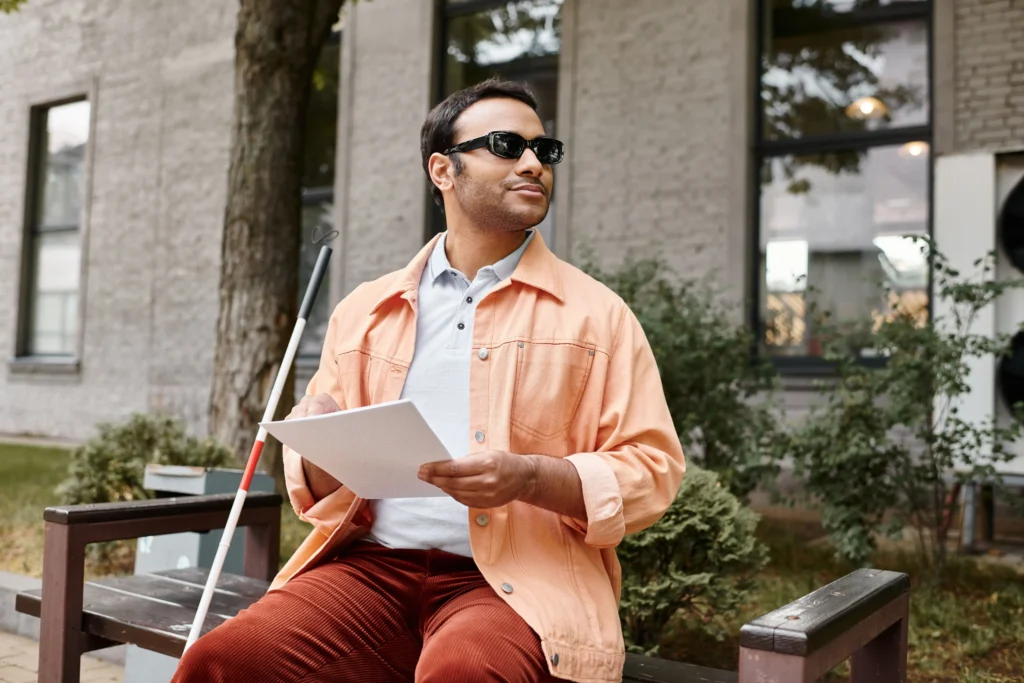 A man wearing dark sunglasses, an peach-colored jacket, and a light shirt sits on an outdoor wooden bench while reading a sheet of braille paper. A white cane rests upright beside him against the bench structure in front of a stone building.